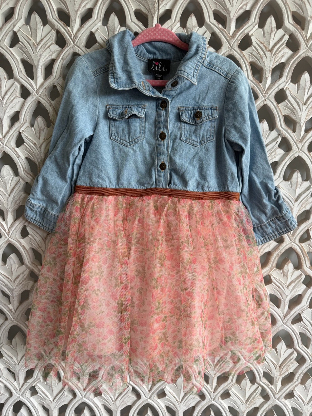 Lilt Girls Denim Floral Tulle Dress Size 4T Fall